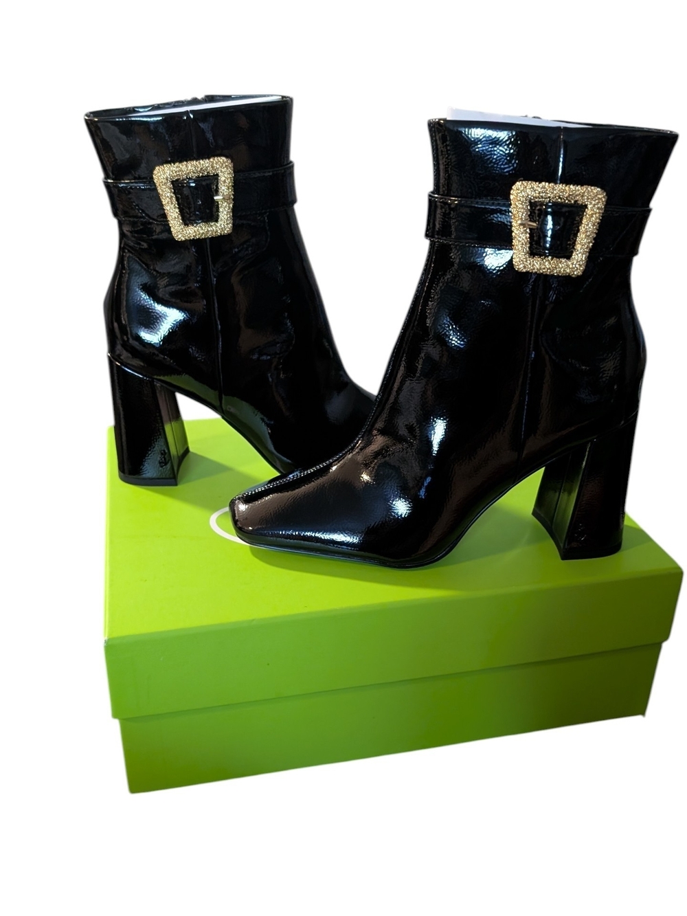 Sam Edelman Corrine Boots Black Patent Ankle Boots with Gold Buckle Accent